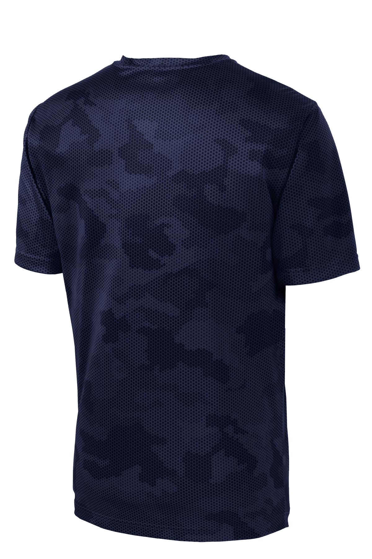 Rear View of True Navy Sport-Tek CamoHex Tee. ST370 plain