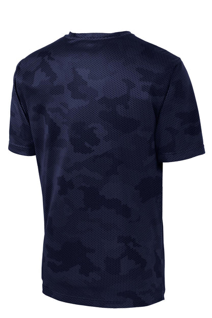 Rear View of True Navy Sport-Tek CamoHex Tee. ST370 plain