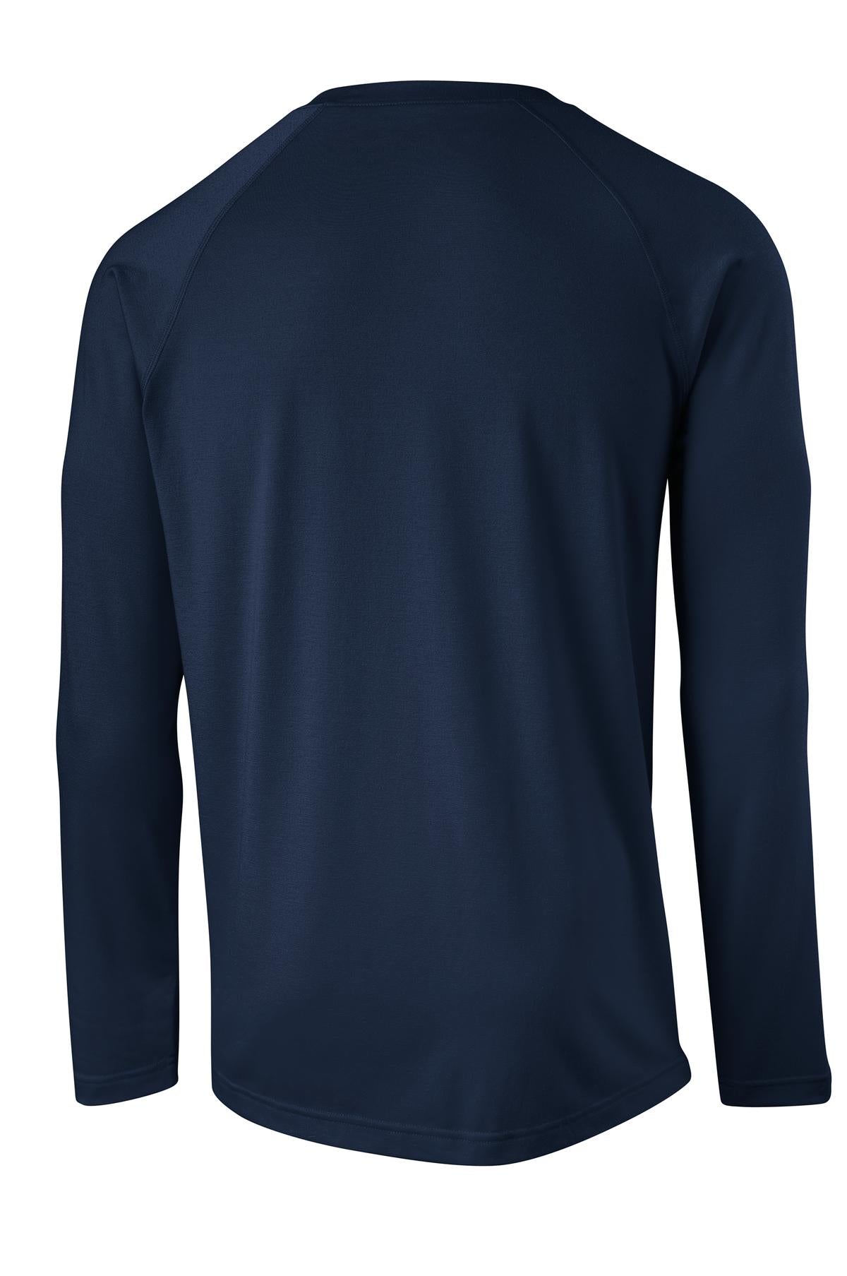 Rear View of True Navy Sport-Tek Long Sleeve Ultimate Performance Crew. ST700LS plain