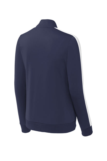 Rear View of True Navy/Wht Sport-Tek Ladies Tricot Sleeve Stripe Track Jacket. LST94 plain