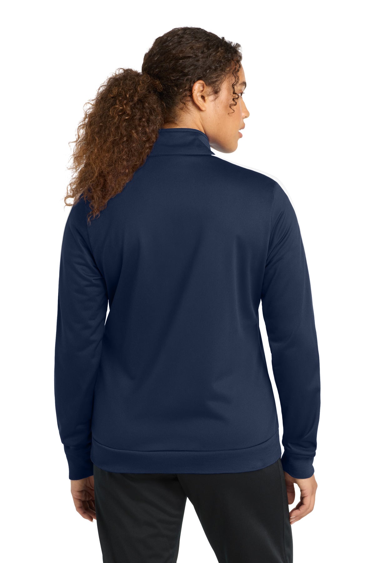 Rear View of True Navy/Wht Sport-Tek Ladies Tricot Sleeve Stripe Track Jacket. LST94 plain