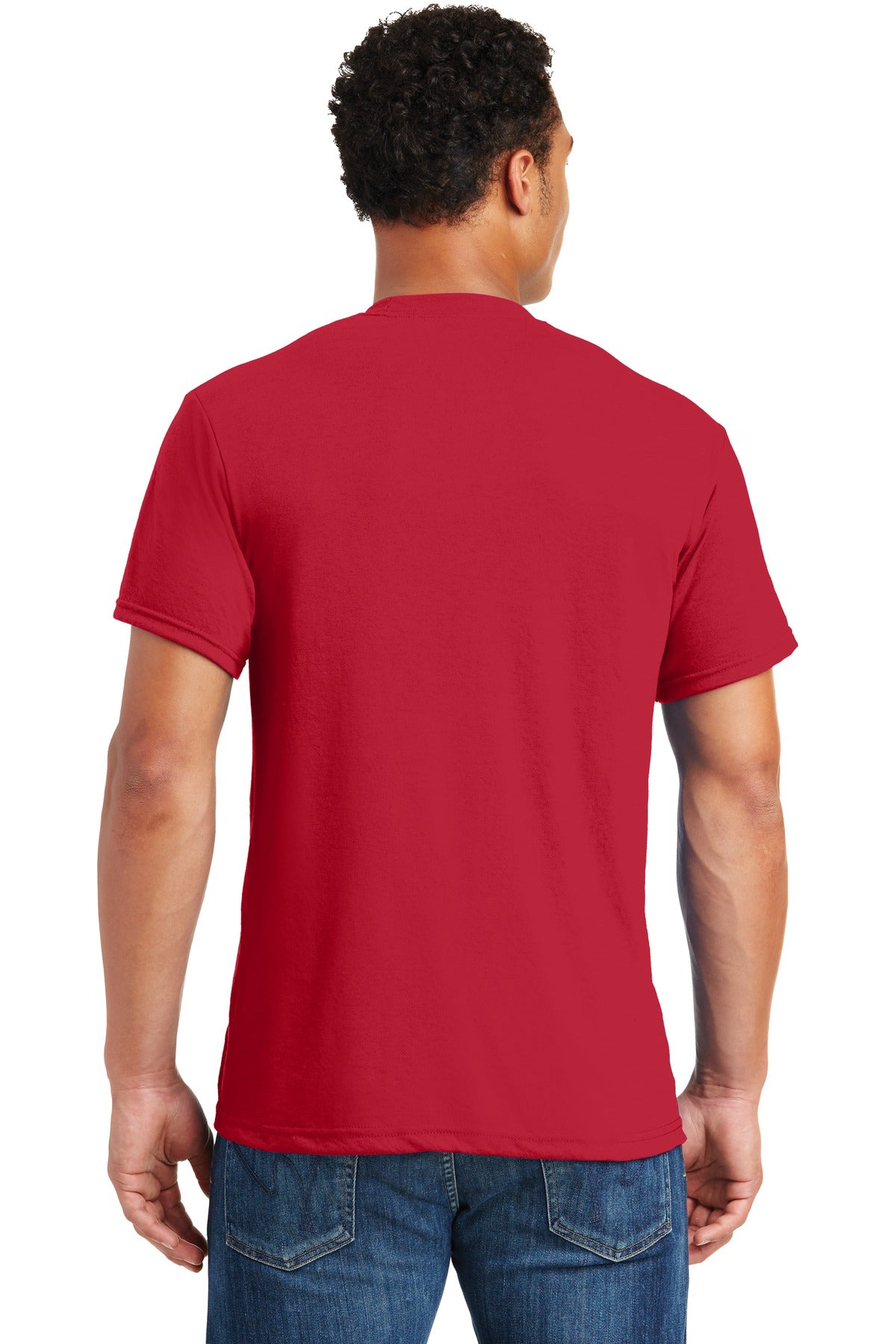 Rear View of True Red Jerzees Dri-Power 100% Polyester T-Shirt. 21M plain
