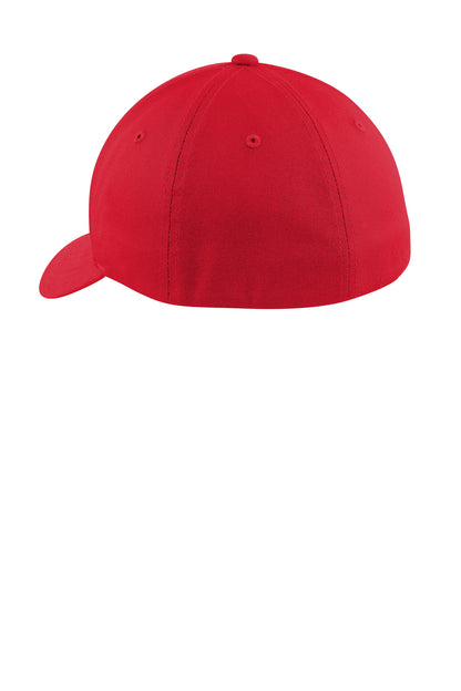 Rear View of True Red Port Authority Flexfit Cotton Twill Cap. C813 plain