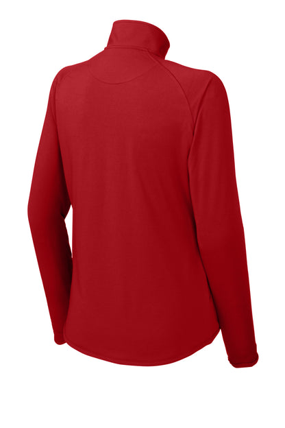 Rear View of True Red Sport-Tek Women's Sport-Wick Stretch 1/4-Zip Pullover. LST850 plain