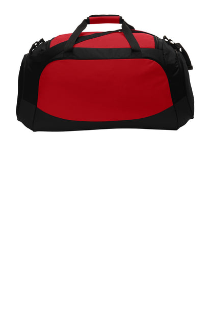 Rear View of True Red/Black Port Authority Large Active Duffel. BG802 plain