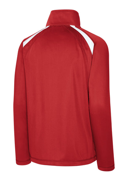 Rear View of True Red/White Sport-Tek Tricot Track Jacket. JST90