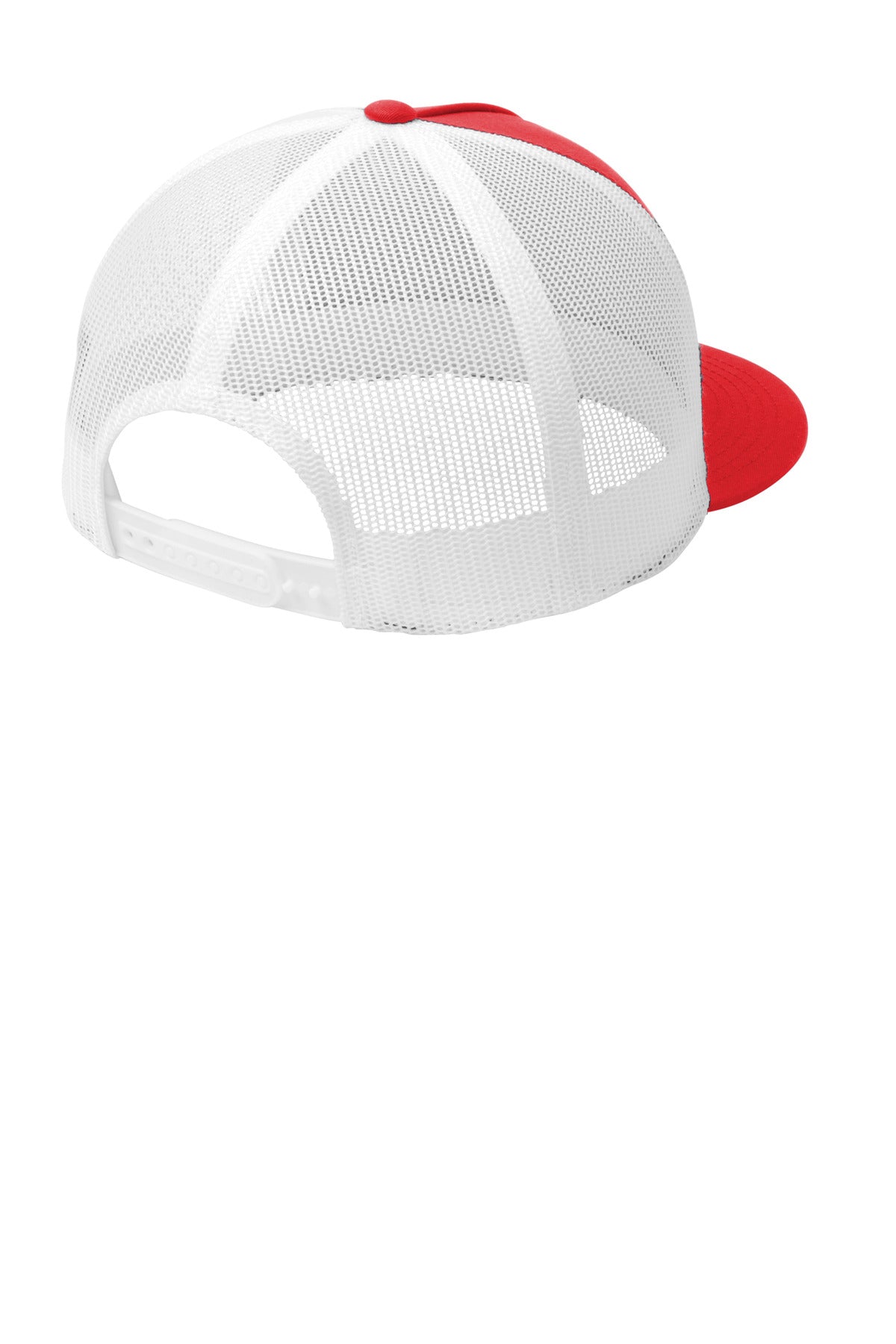 Rear View of True Red/White Sport-Tek YP Classics 5-Panel Classic Trucker Mesh Back Cap. STC38 plain
