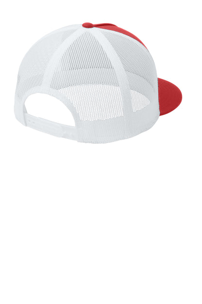 Rear View of True Red/White Sport-Tek YP Classics 5-Panel Classic Trucker Mesh Back Cap. STC38