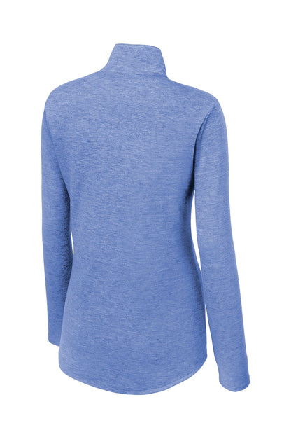 Rear View of True Royal Hth Sport-Tek Women's PosiCharge Tri-Blend Wicking 1/4-Zip Pullover. LST407 plain