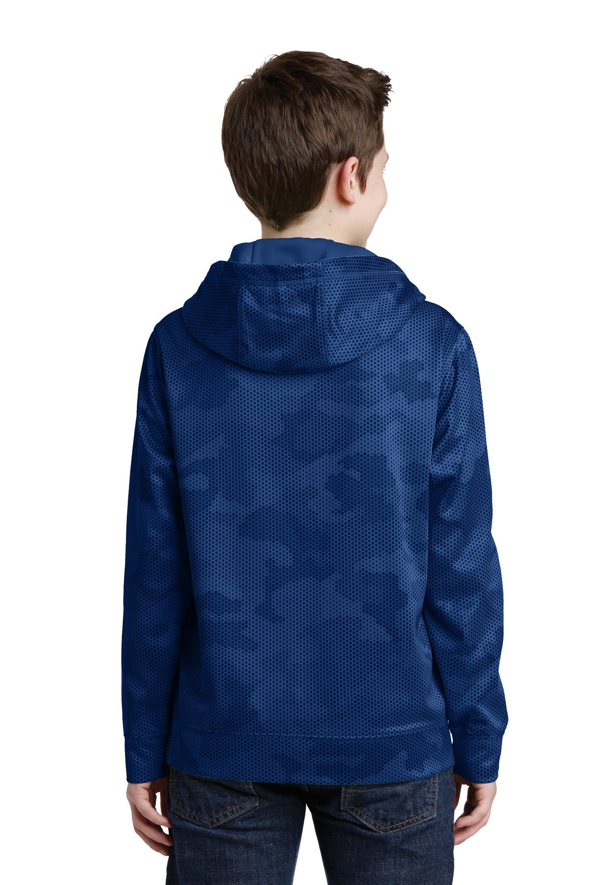 Rear View of True Royal Sport-Tek Youth Sport-Wick CamoHex Fleece Hooded Pullover. YST240 plain