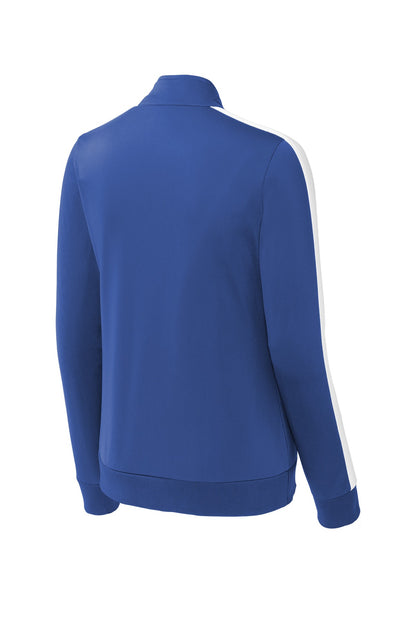 Rear View of True Royal/Wht Sport-Tek Ladies Tricot Sleeve Stripe Track Jacket. LST94 plain