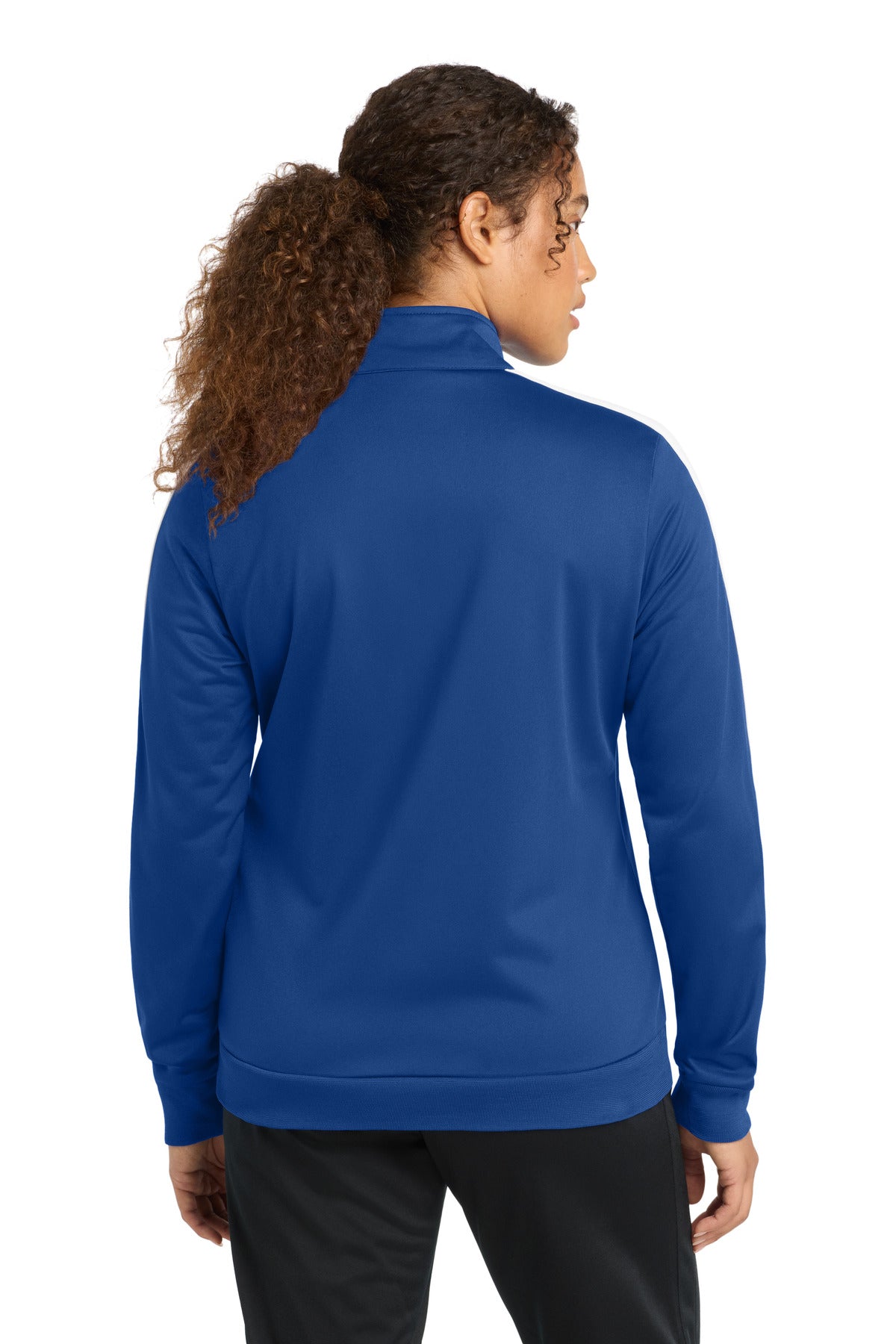 Rear View of True Royal/Wht Sport-Tek Ladies Tricot Sleeve Stripe Track Jacket. LST94 plain