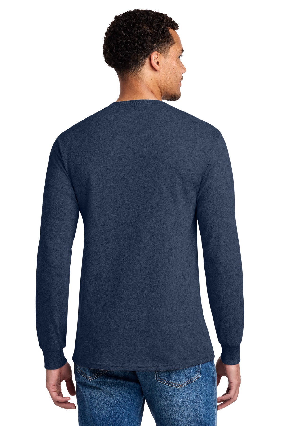 Rear View of VtgHtrNavy Jerzees - Dri-Power 50/50 Cotton/Poly Long Sleeve T-Shirt. 29LS plain