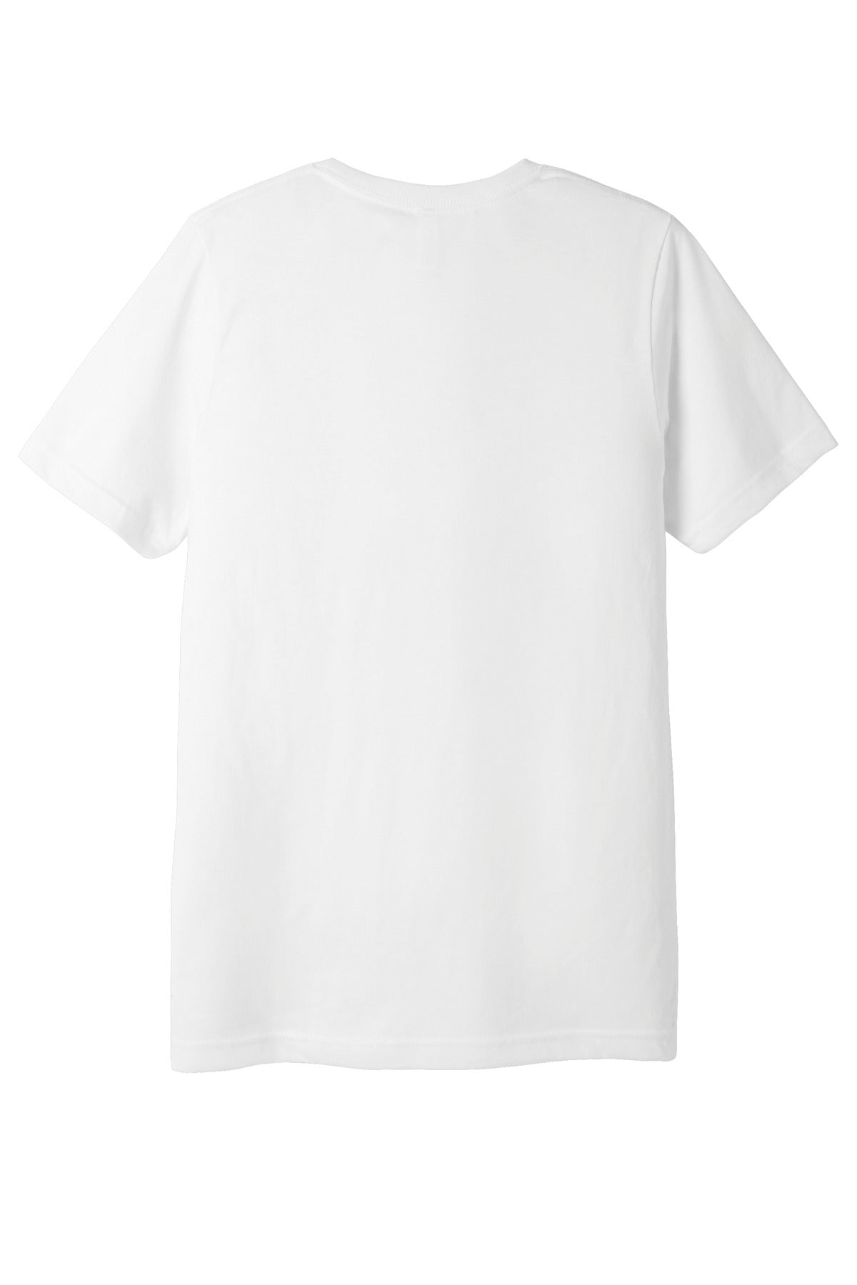 Rear View of White BELLA+CANVAS Unisex Poly-Cotton Short Sleeve Tee. BC3650 plain