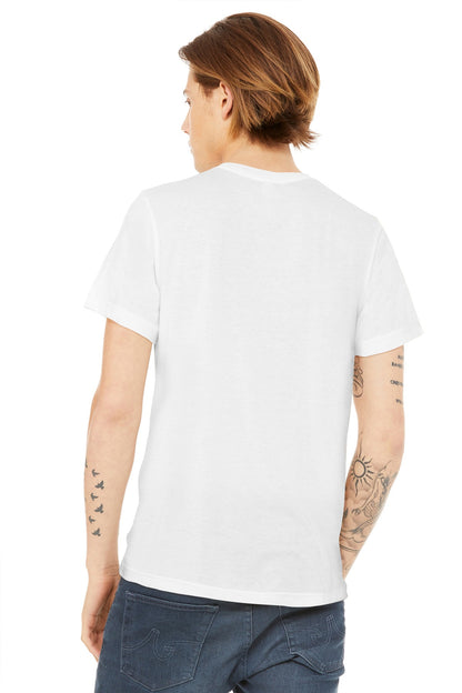 Rear View of White BELLA+CANVAS Unisex Poly-Cotton Short Sleeve Tee. BC3650 plain