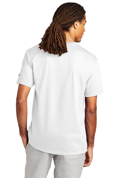 Rear View of White Champion Heritage 6-Oz. Jersey Tee T425 plain