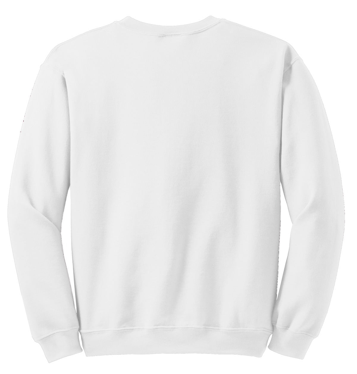Rear View of White Gildan Heavy Blend Crewneck Sweatshirt. 18000 plain