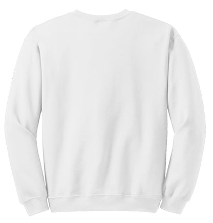 Rear View of White Gildan Heavy Blend Crewneck Sweatshirt. 18000 plain