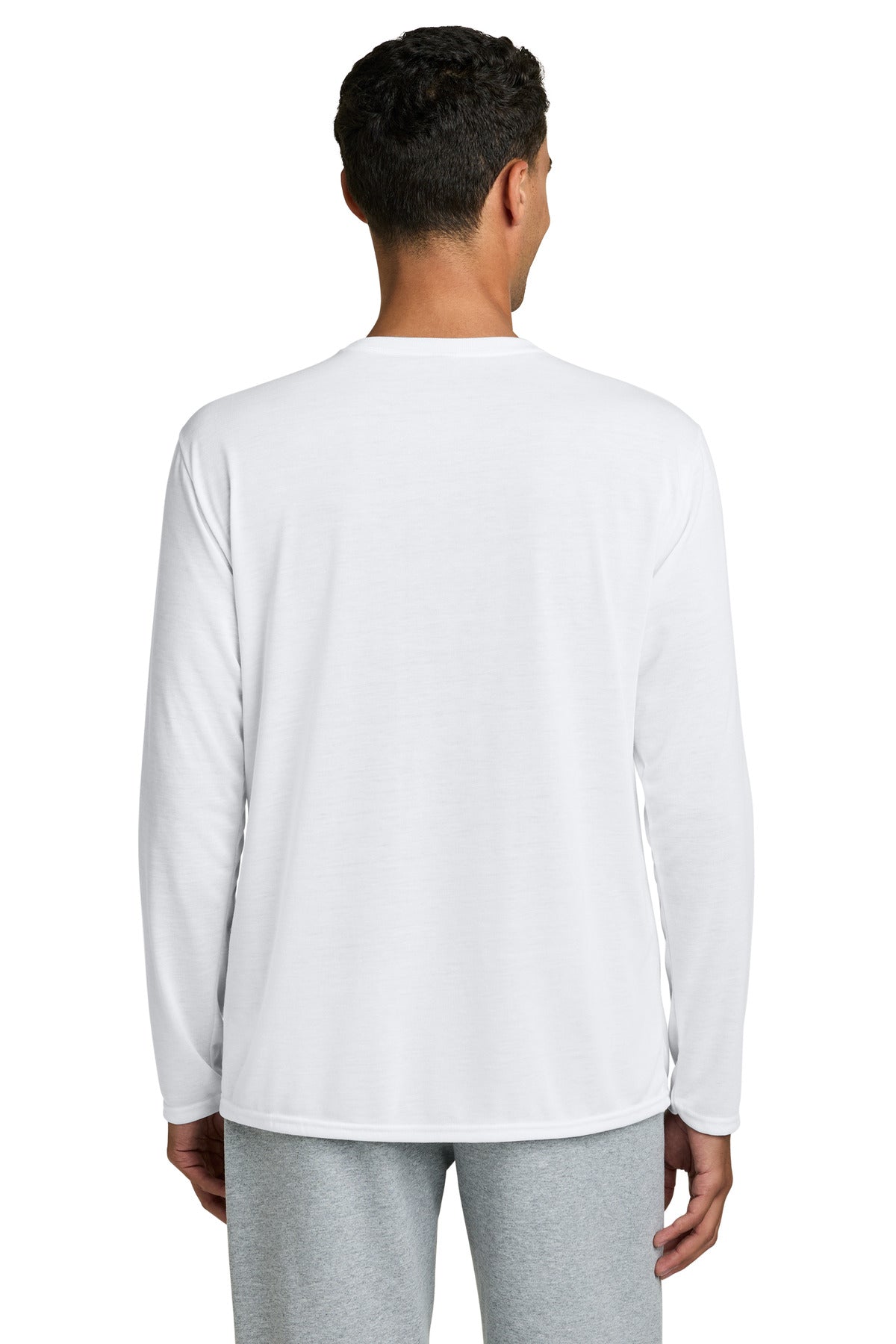 Rear View of White Gildan Performance Long Sleeve T-Shirt. 42400 plain