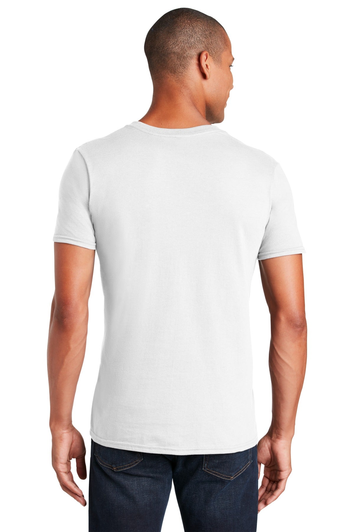 Rear View of White Gildan Softstyle V-Neck T-Shirt. 64V00 plain