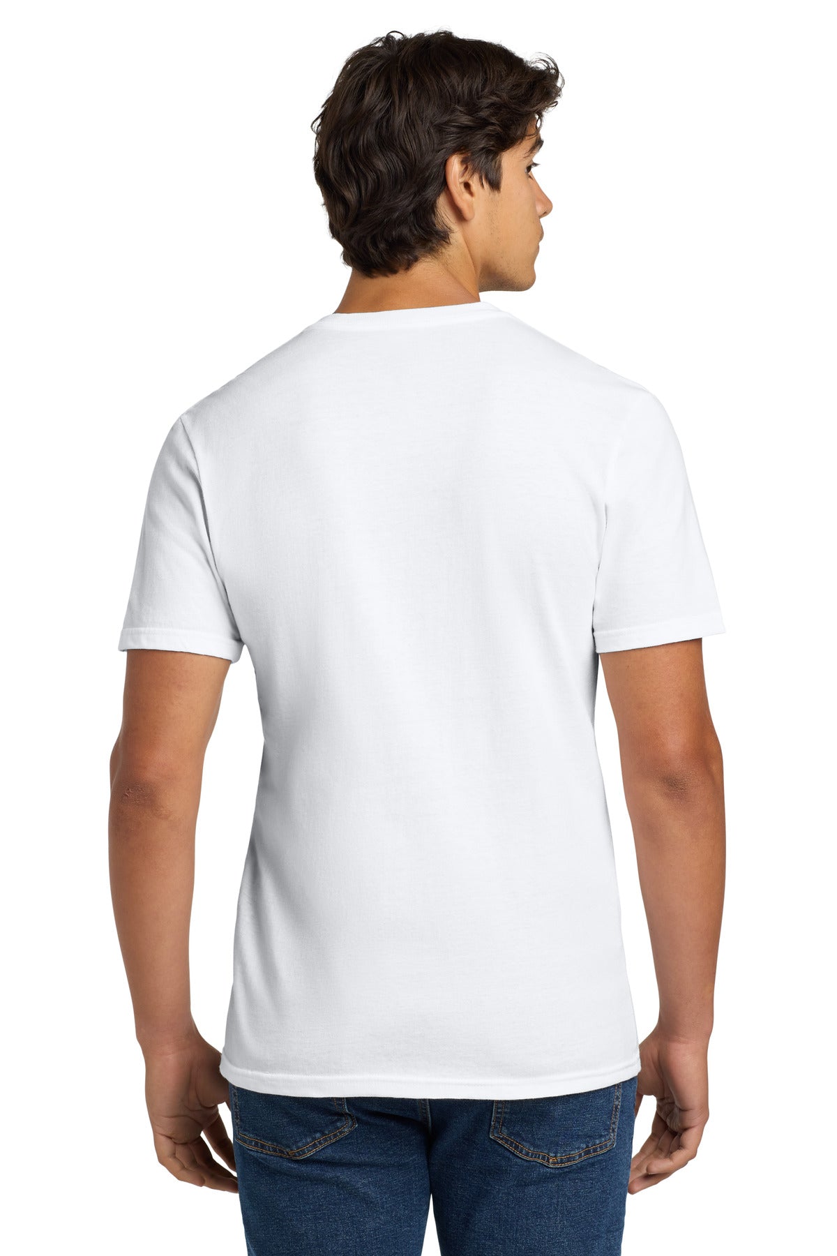 Rear View of White Gildan Softstyle V-Neck T-Shirt. 64V00 plain