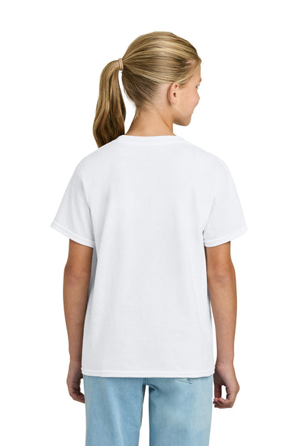 Rear View of White Gildan Youth Light Cotton Tee 3000B plain