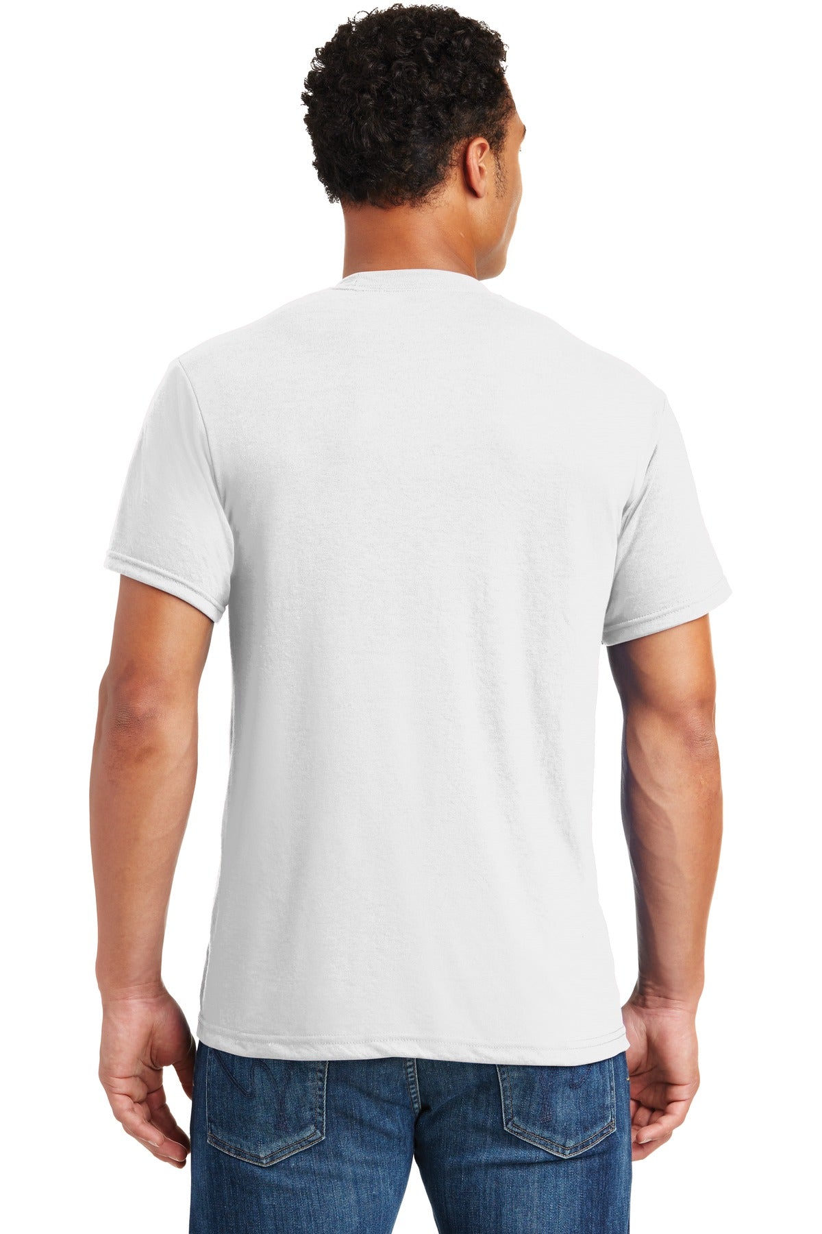 Rear View of White Jerzees Dri-Power 100% Polyester T-Shirt. 21M plain