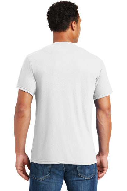 Rear View of White Jerzees Dri-Power 100% Polyester T-Shirt. 21M plain