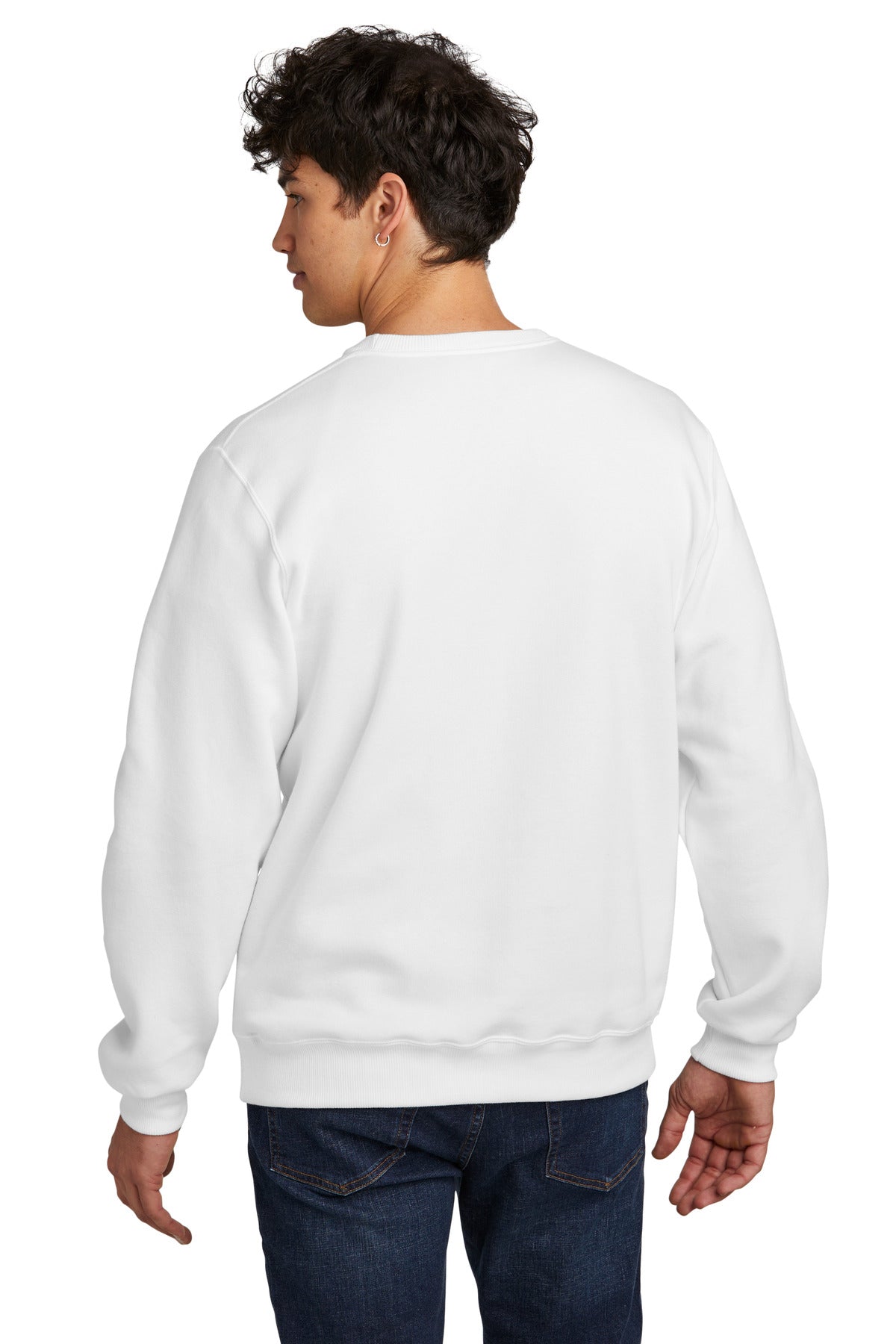 Rear View of White Jerzees Eco Premium Blend Crewneck Sweatshirt 701M plain