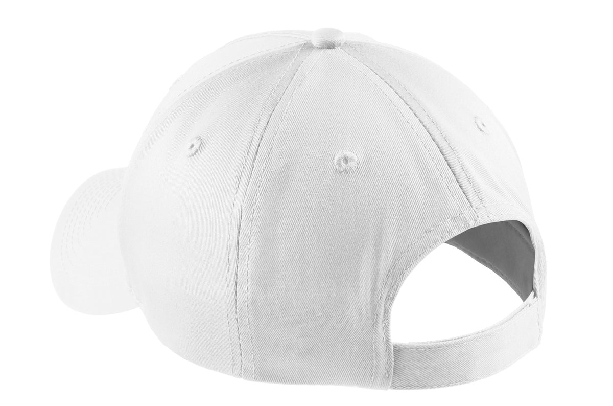 Rear View of White Port Authority Five-Panel Twill Cap. CP86 plain