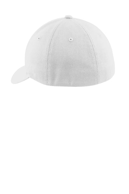 Rear View of White Port Authority Flexfit Cotton Twill Cap. C813 plain