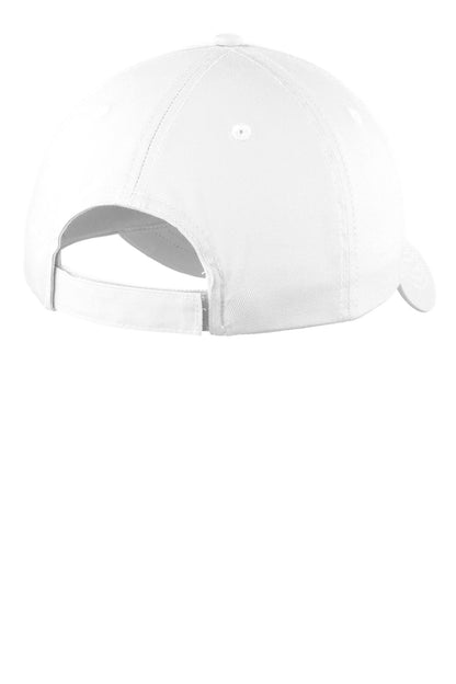 Rear View of White Port Authority Six-Panel Unstructured Twill Cap. C914 plain