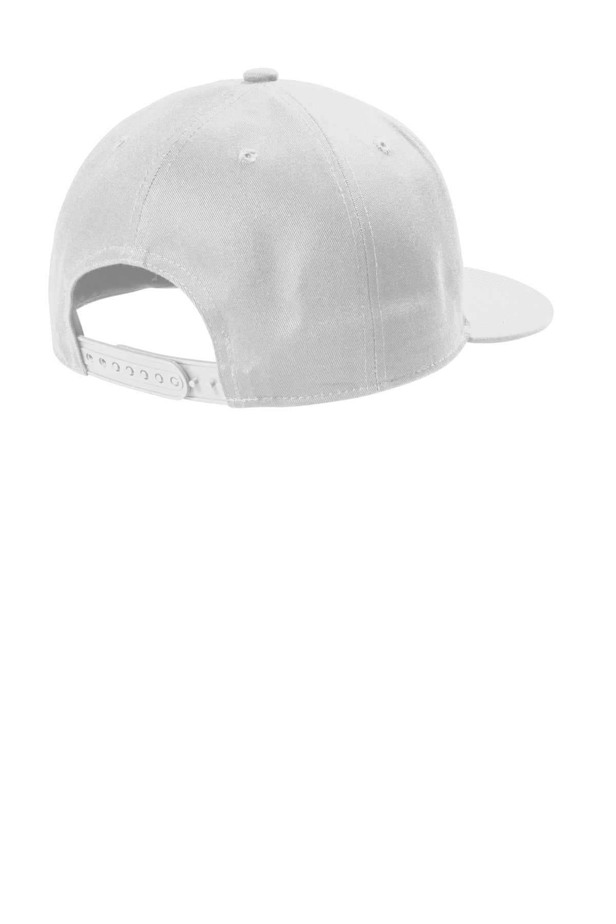 Rear View of White Port Authority Snapback Flat Bill Cap C406 plain