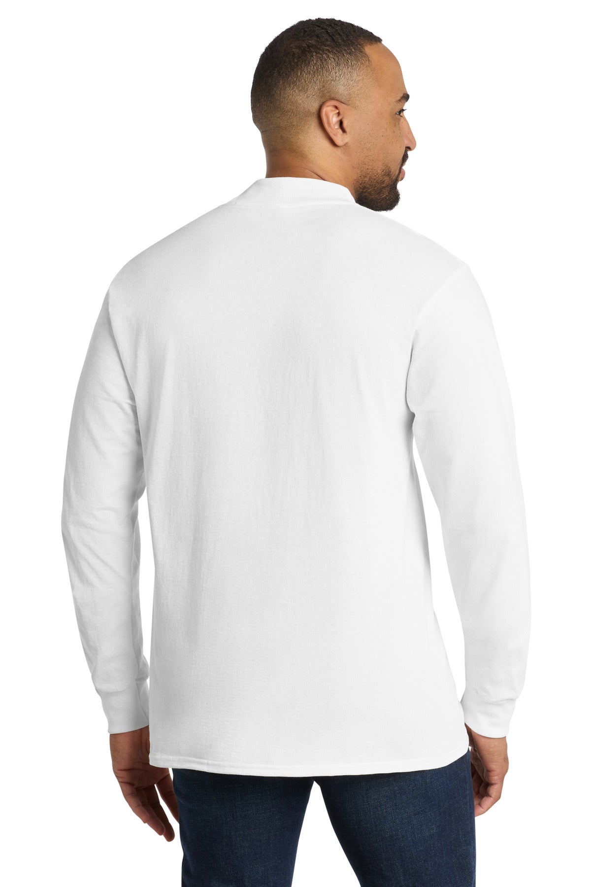 Rear View of White Port & Co Essential Mock Turtleneck. PC61M plain