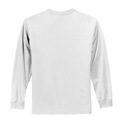 Rear View of White Port & Co Long Sleeve Essential Tee. PC61LS plain