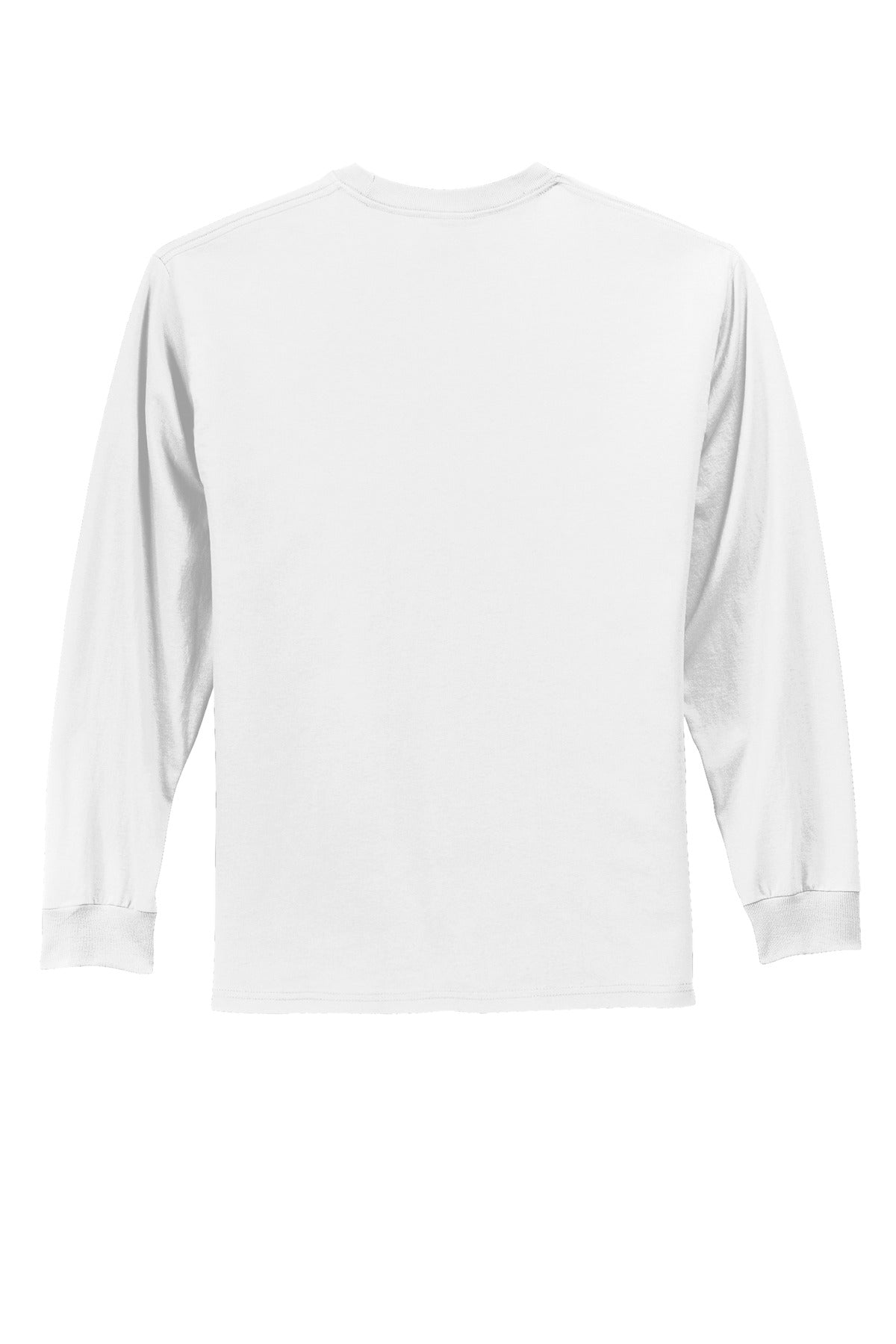 Rear View of White Port & Co Long Sleeve Essential Tee. PC61LS plain