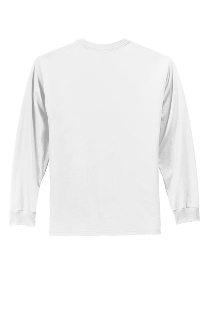 Rear View of White Port & Co Long Sleeve Essential Tee. PC61LS plain