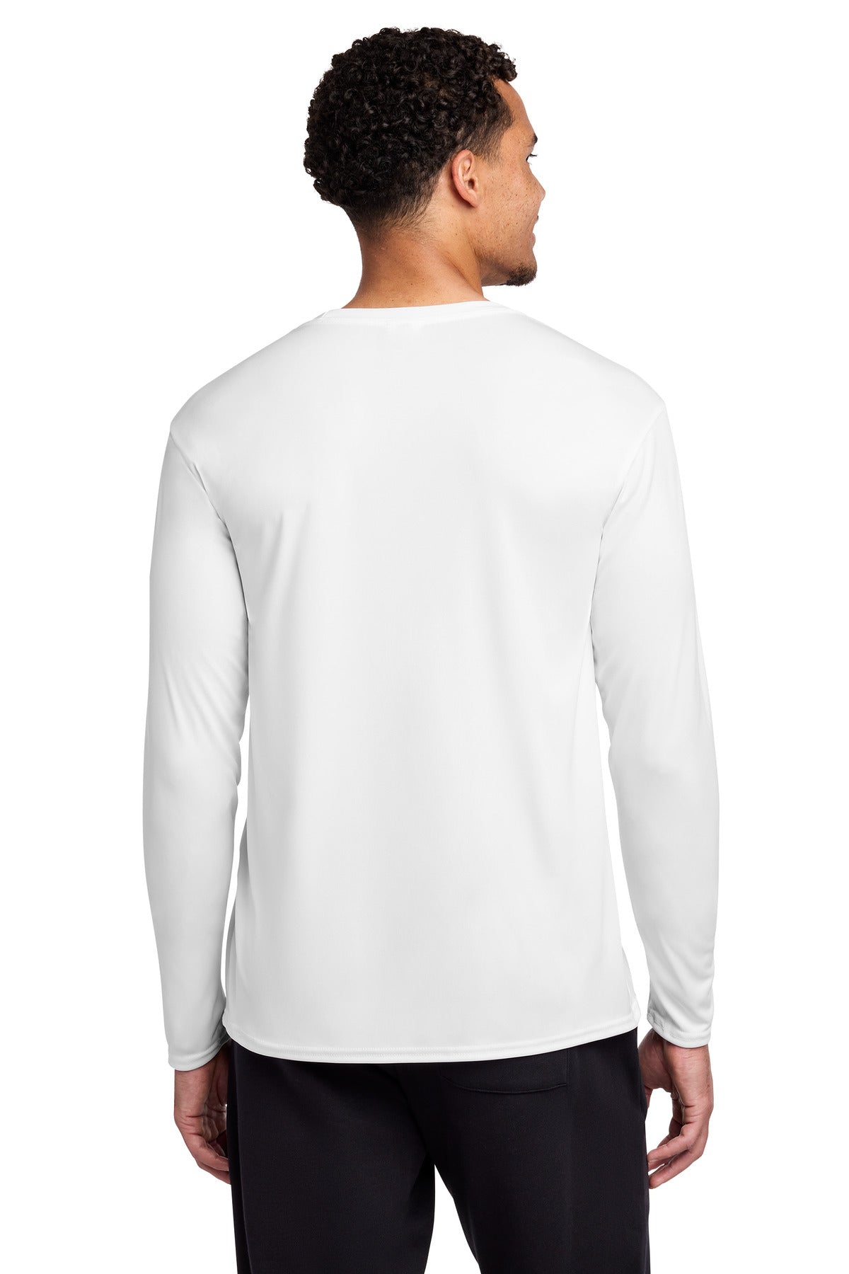 Rear View of White Port & Co Long Sleeve Performance Tee. PC380LS plain