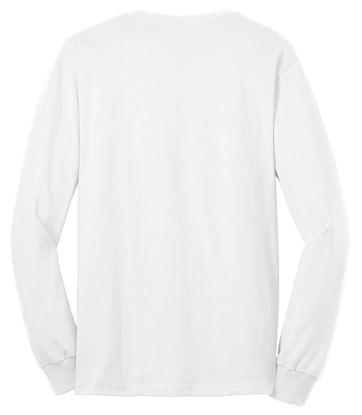 Rear View of White Port & Co Tall Long Sleeve Core Blend Tee. PC55LST plain
