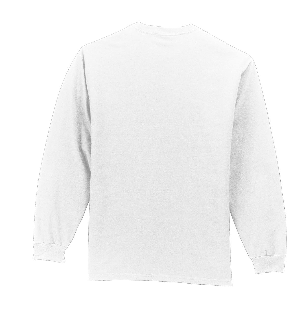 Rear View of White Port & Co Tall Long Sleeve Essential Pocket Tee. PC61LSPT plain