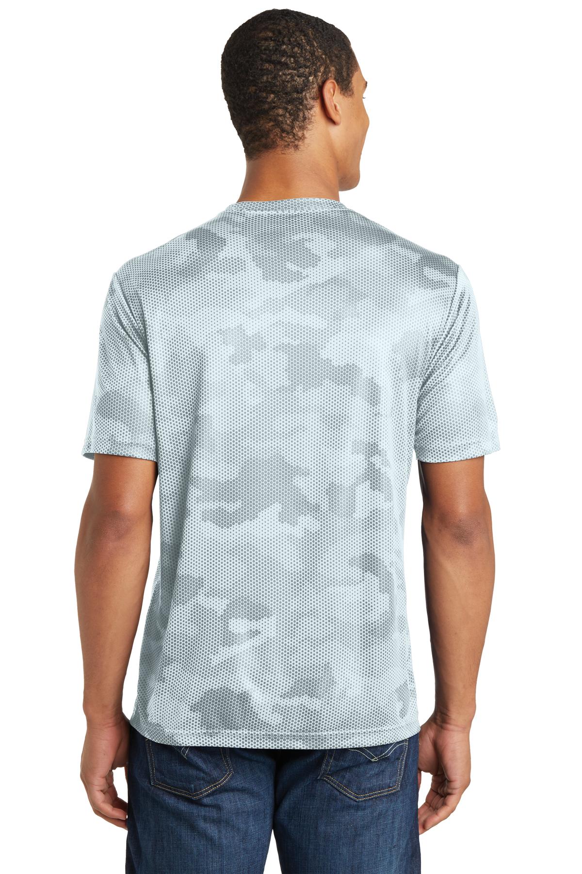 Rear View of White Sport-Tek CamoHex Tee. ST370 plain