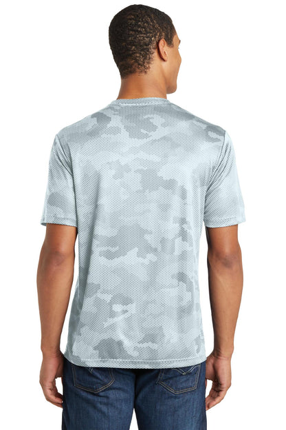 Rear View of White Sport-Tek CamoHex Tee. ST370 plain