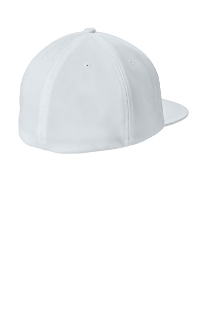 Rear View of White Sport-Tek Flexfit Flat Bill Cap STC56 plain