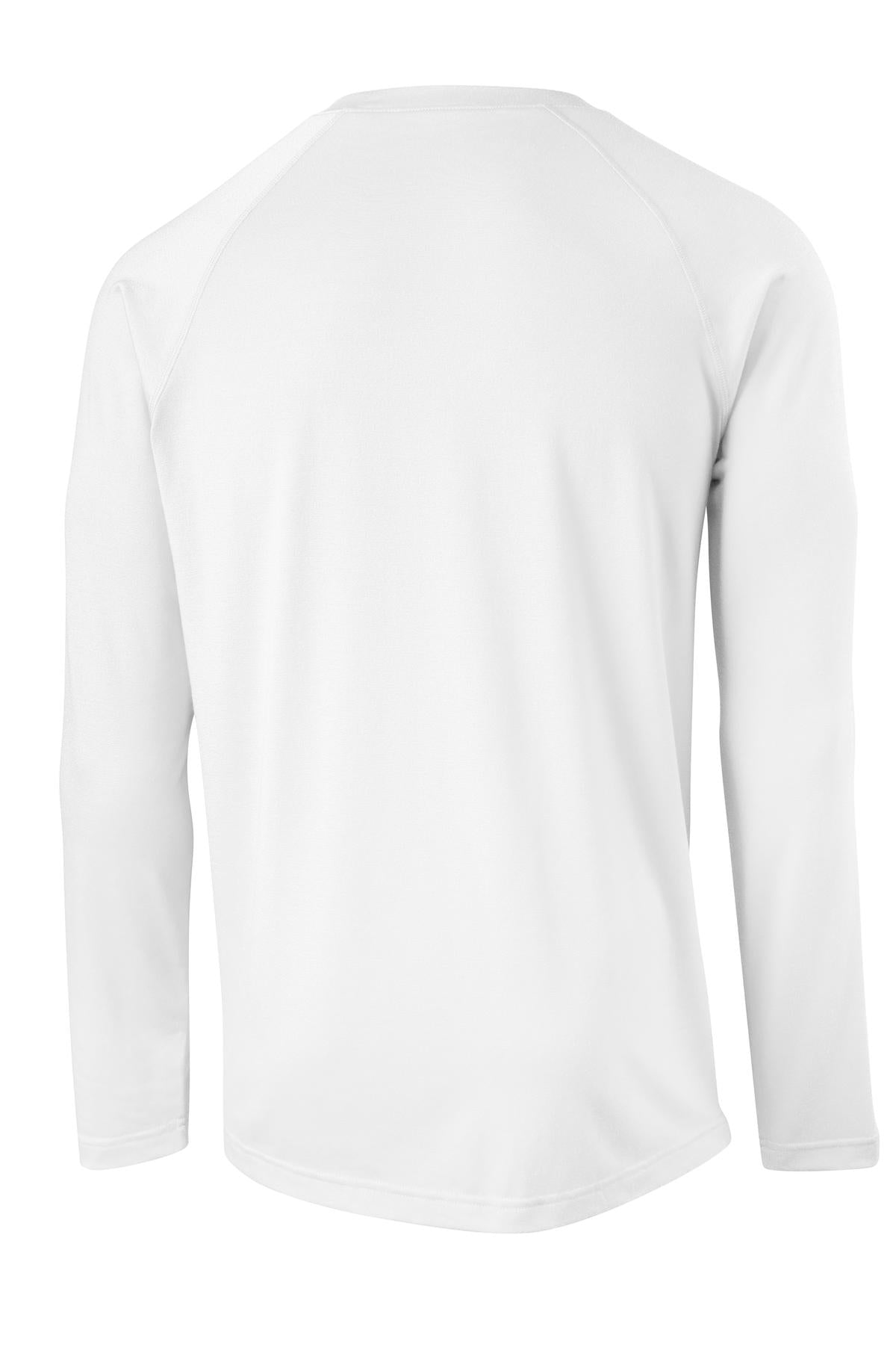 Rear View of White Sport-Tek Long Sleeve Ultimate Performance Crew. ST700LS plain
