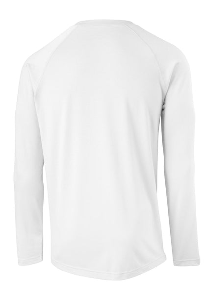 Rear View of White Sport-Tek Long Sleeve Ultimate Performance Crew. ST700LS plain