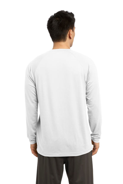 Rear View of White Sport-Tek Long Sleeve Ultimate Performance Crew. ST700LS plain