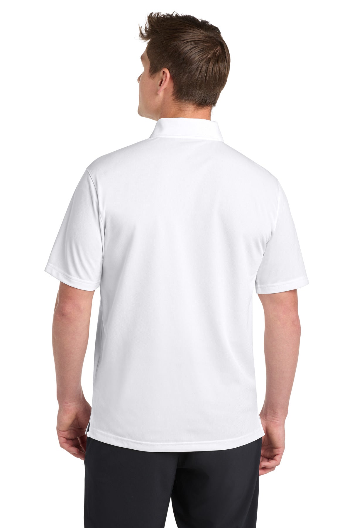 Rear View of White Sport-Tek PosiCharge Active Textured Polo. ST690 plain