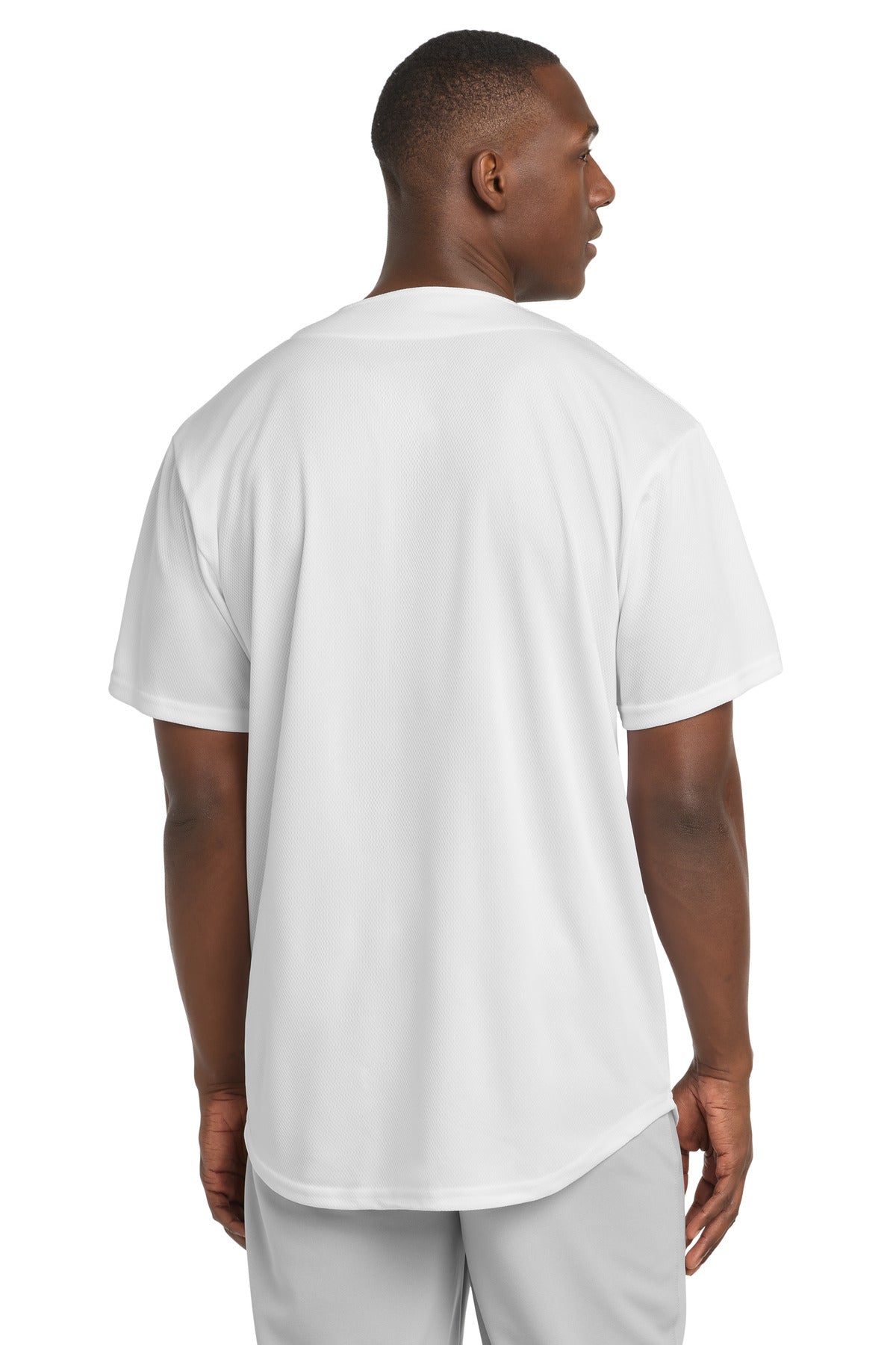 Rear View of White Sport-Tek PosiCharge Tough Mesh Full-Button Jersey. ST220 plain