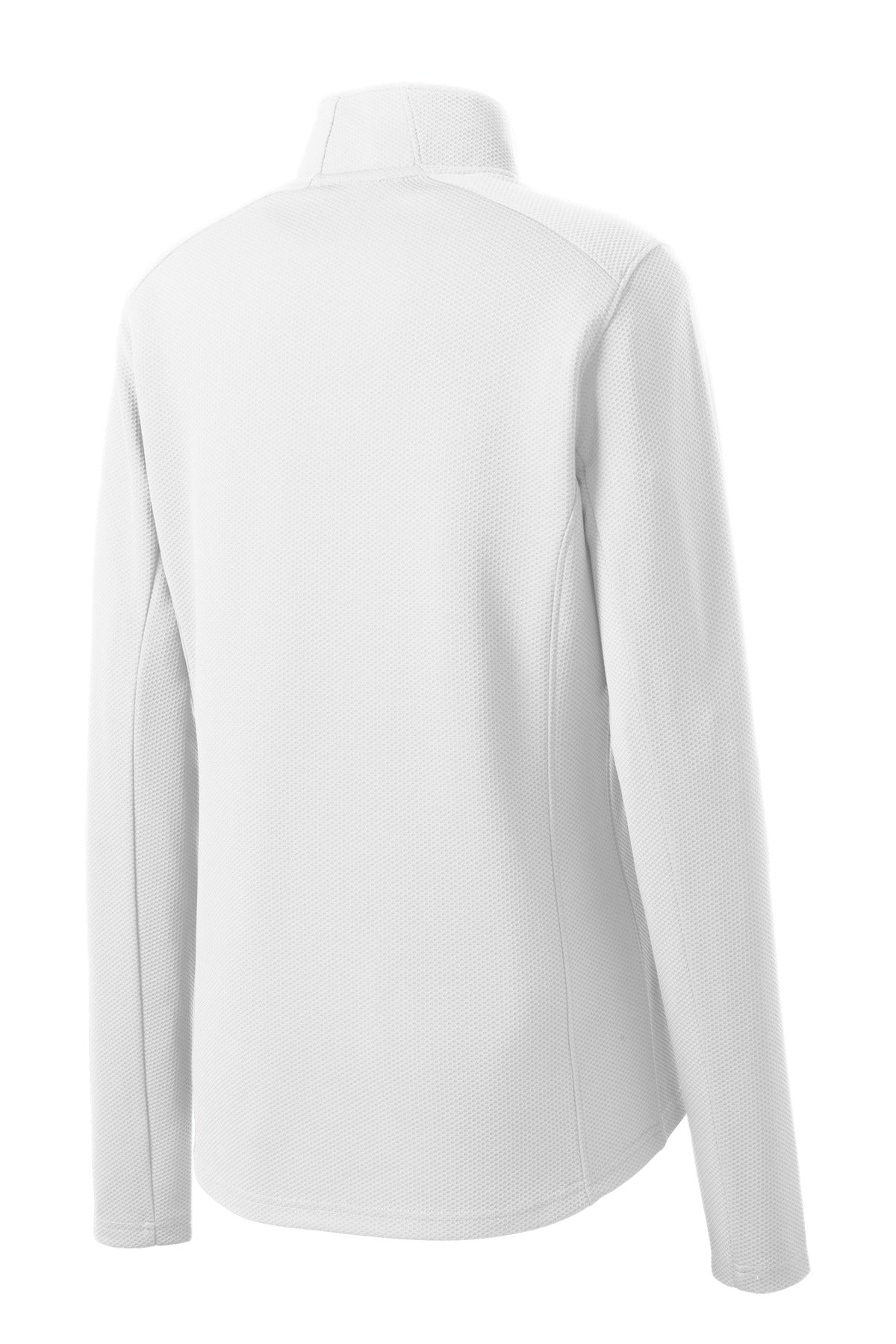 Rear View of White Sport-Tek Women's Sport-Wick Textured 1/4-Zip Pullover. LST860 plain