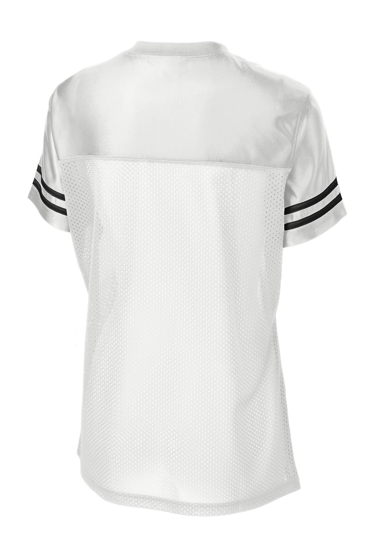 Rear View of White/Black Sport-Tek Women's PosiCharge Replica Jersey. LST307 plain
